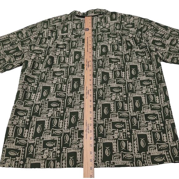 VTG SIDEOUT Button Up Shirt Mens Size XL Green Fish Geometric Print Short Sleeve - Picture 10 of 11